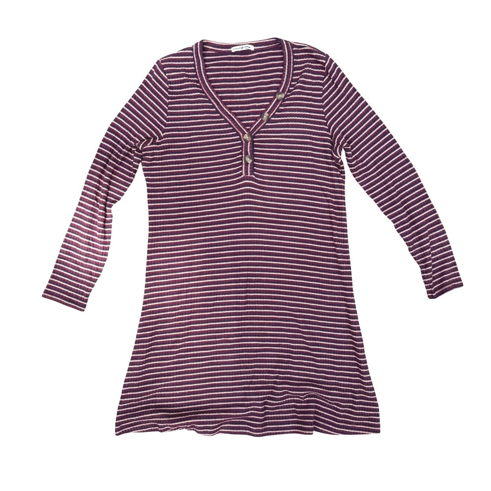 American Eagle Ribbed Henley Dress XL Burgundy Striped Long Sleeve V-Neck
